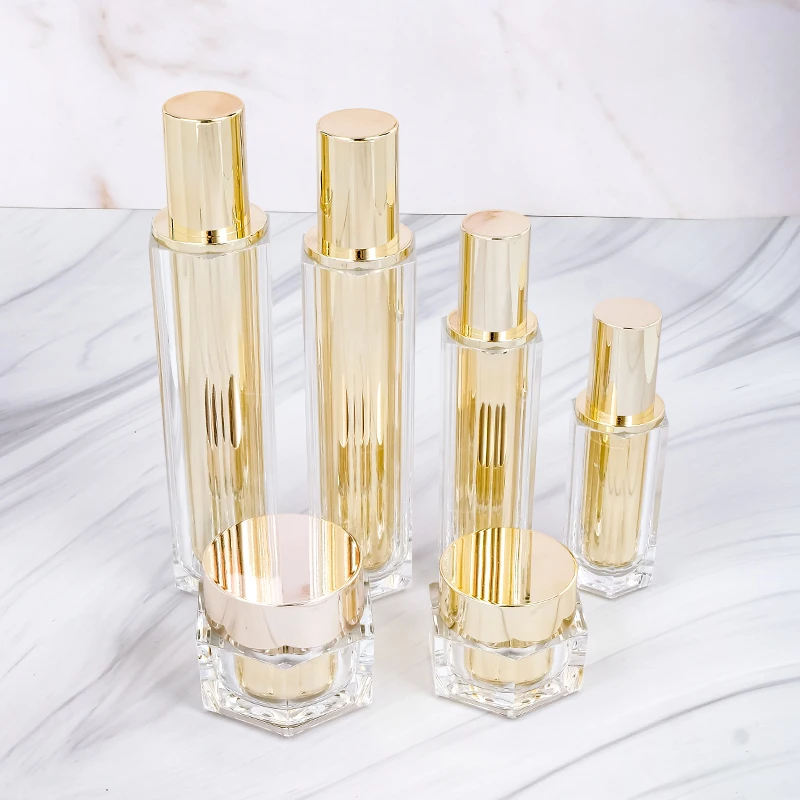 

30g 50g Empty luxury gold hexagonal acrylic cream jars 30ml 50ml 100ml 120ml plastic lotion bottles