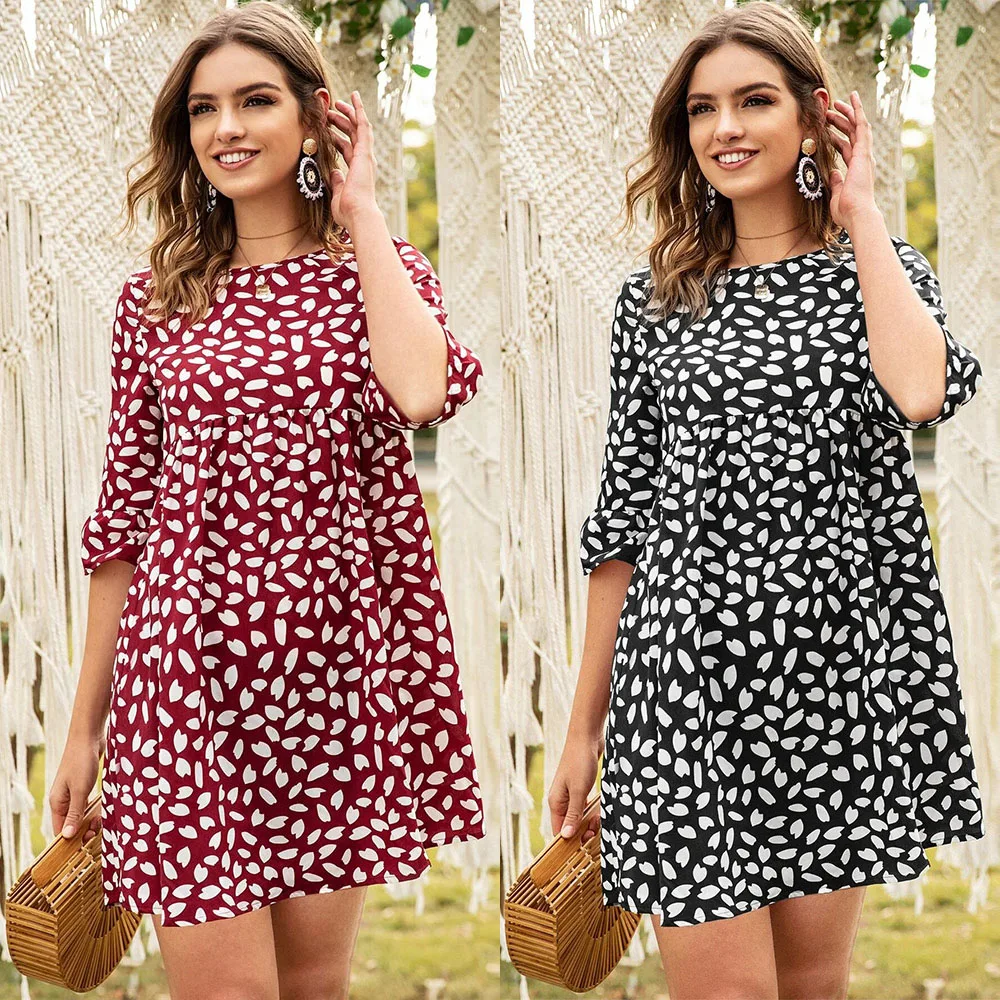 

2020 New Arrivals Dot Printed 3/4 Puff Sleeve Women Dress For Spring And Summer