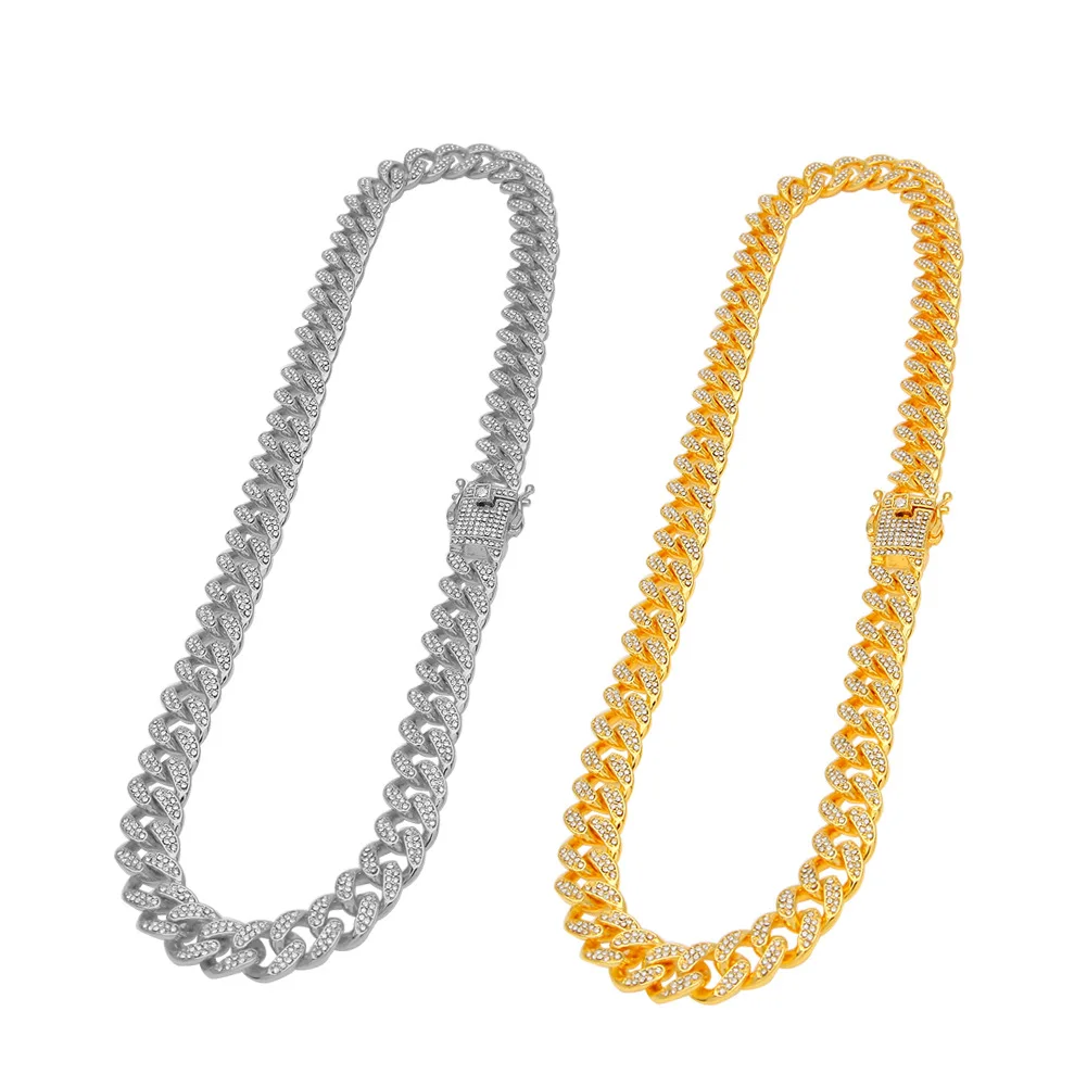 

New Style Widened Gold Chain Necklace Women's Rhinestone Cuban Link Choker Necklace Bracelet Jewelry Set, Rose gold, silver, gold necklace