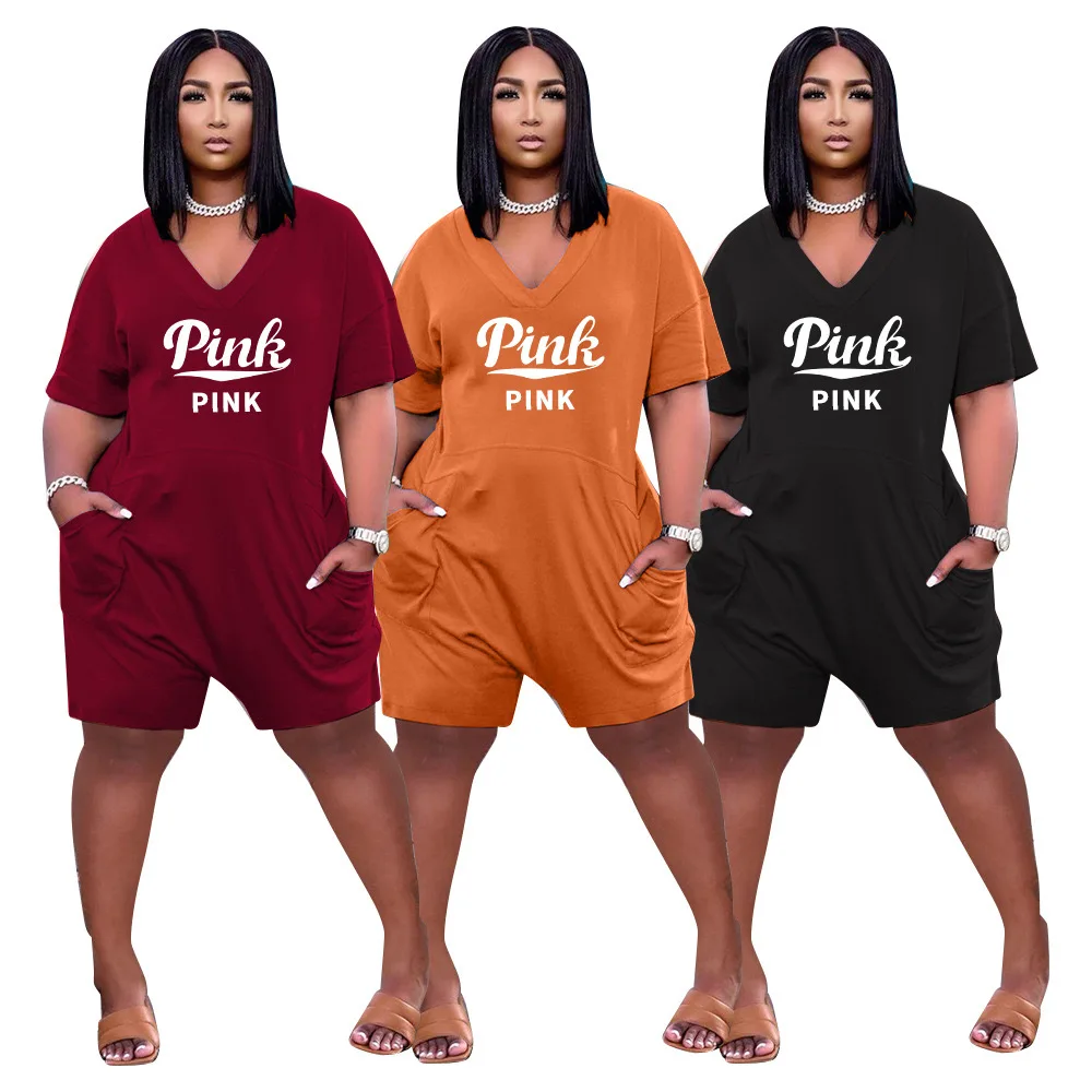 

2021 orange plus size 5XL pink short sleeve black loose fit jumpsuits women Burgundy Rompers one piece jumnpsuit, Orange, black, burgundy