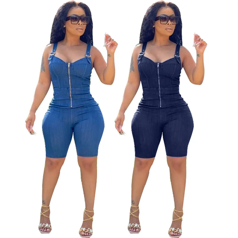 

2022 New Arrivals Backless Slip Rompers Sleeveless Denim Bodysuits For Women Shorts Jean Jumpsuits