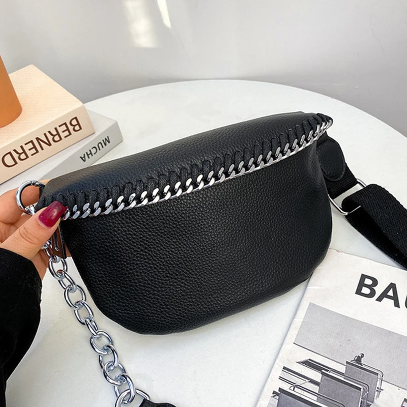 

2021 new genuine Leather chest bag women fashion simple woven semicircle waist bag chain shoulder messenger bag, 4 colors