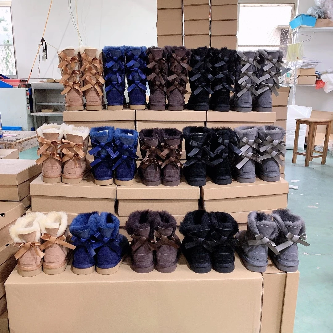 

2021 Wholesale Custom Fashion Waterproof Casual Sheepskin snow boots Women Girls Winter Snow Boots Wool Fur Boots With Bows