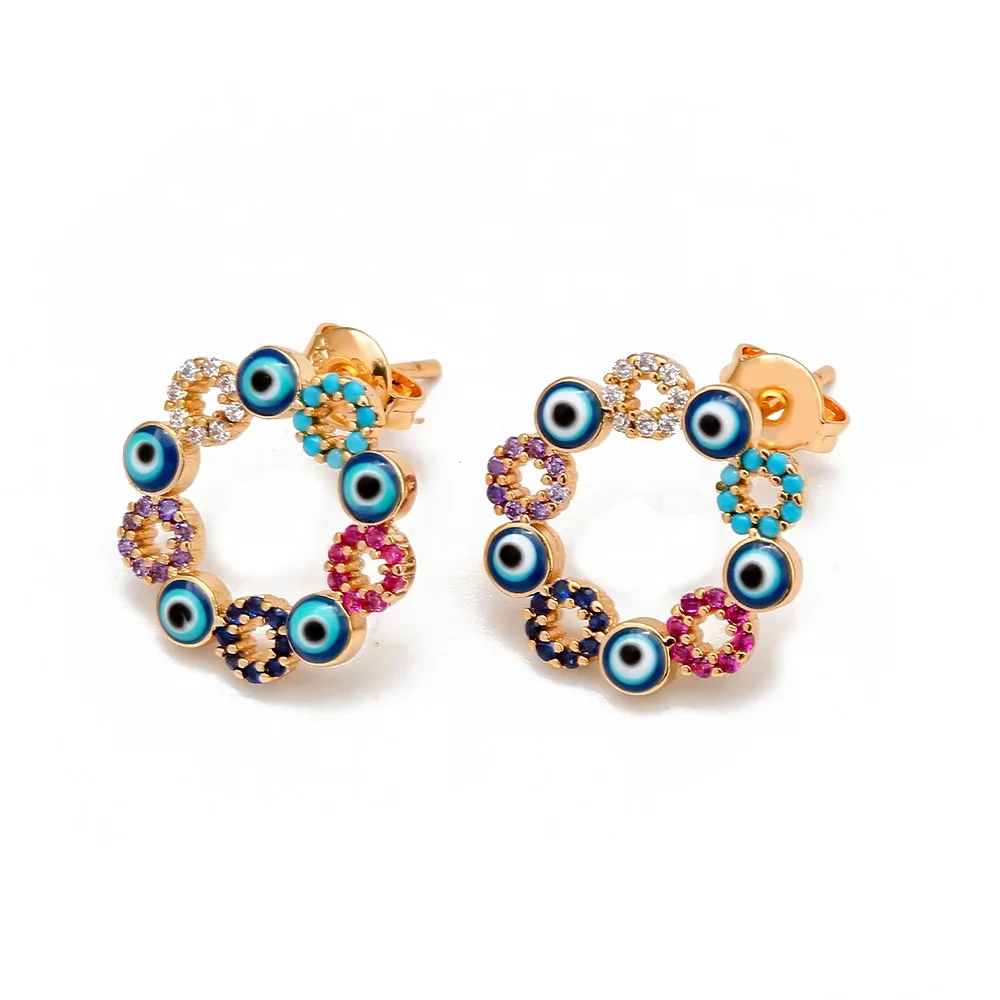 

Plated 24K Gold Earring Blue White Eyes Colorful AAA Cubic Zircon Flower Evil Eyes DIY Jewelry Accessories