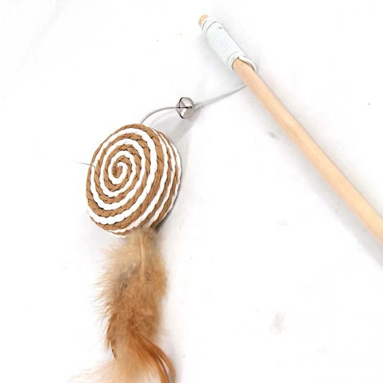 

Natural Wooden Linen Art Cat Toy with Bells Cat Stick Wand toy, Photo