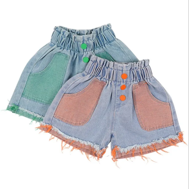 
2020 Summer Sweet Girl Denim Washed Blue or Pink Patched Shorts for 1 6T  (62169543151)