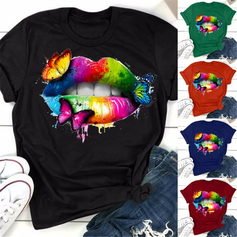 

Plus Size S-5XL Butterfly Lips T Shirt Women's Short-sleeved Multicolor Casual Summer New Women's T-shirt Hot Sale
