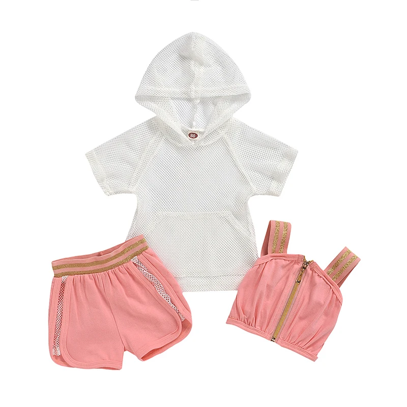 

2021 Summer pink color mesh hooded top matching sparkle shorts baby girls outfit sets, As picture show