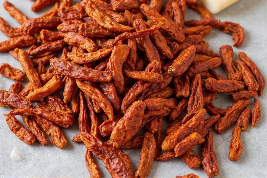 Various brands of dried ancho peppers on display