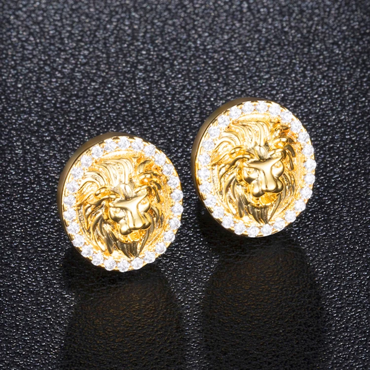 

Wholesale Custom Men Gold Brass Loin Head Diamond Stud Earrings