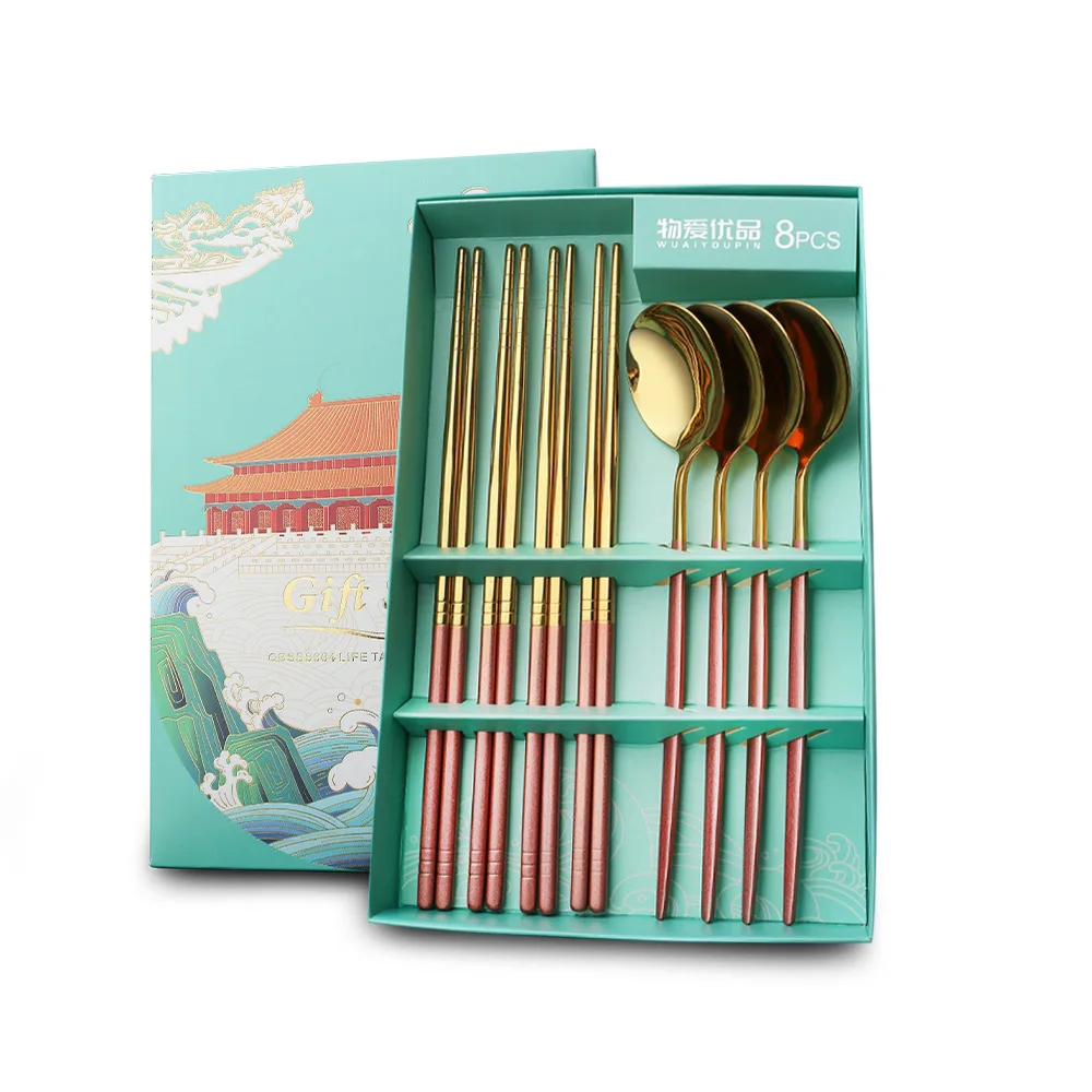 

Color Reusable Metal Stainless Steel Spoon Chopsticks Gold Cutlery Set Stainless Steel Flatware Sets Silverware Custom Gift Box