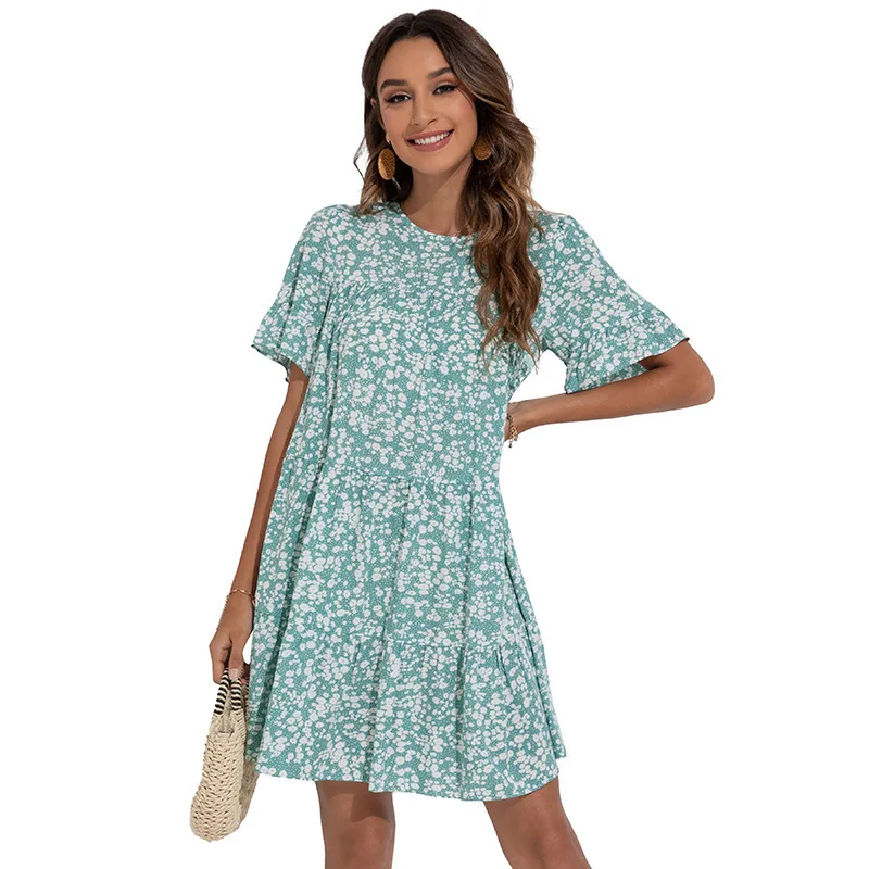 

Women's 2021 summer new round neck floral lotus leaf sleeve loose dress