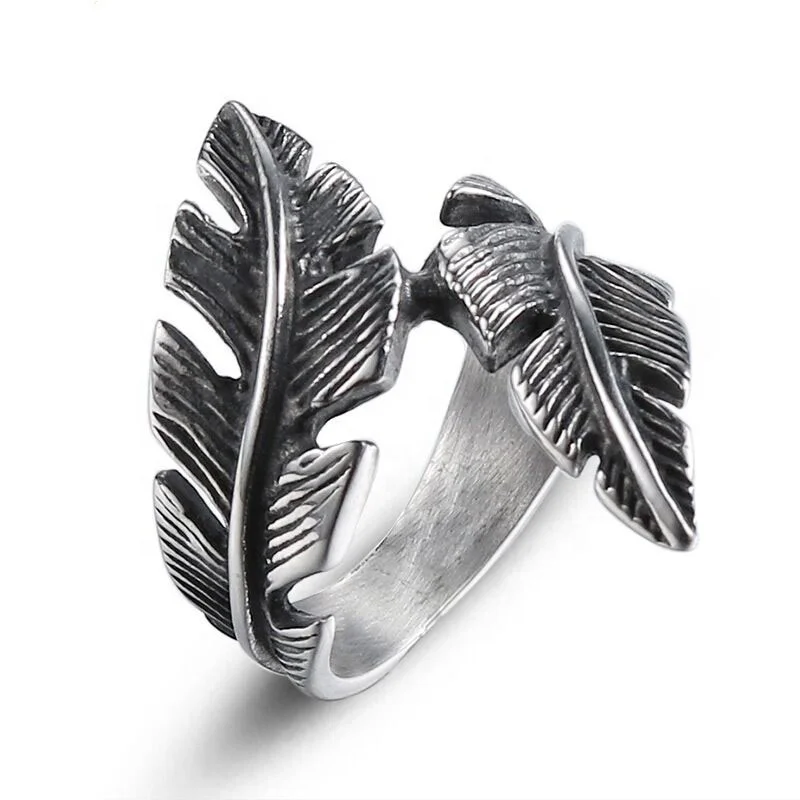 

High Quality Hot Selling Fashion Street Simple Trend Europe And America Ring 316L Stainless Steel Punk Feather Rings, Silver