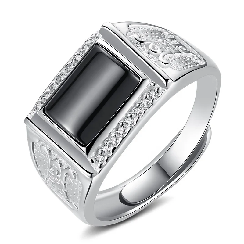 

Fashion men's copper Plated silver rings silver open personality trend black onyx ring real gemstone rings wholesale, Silver color