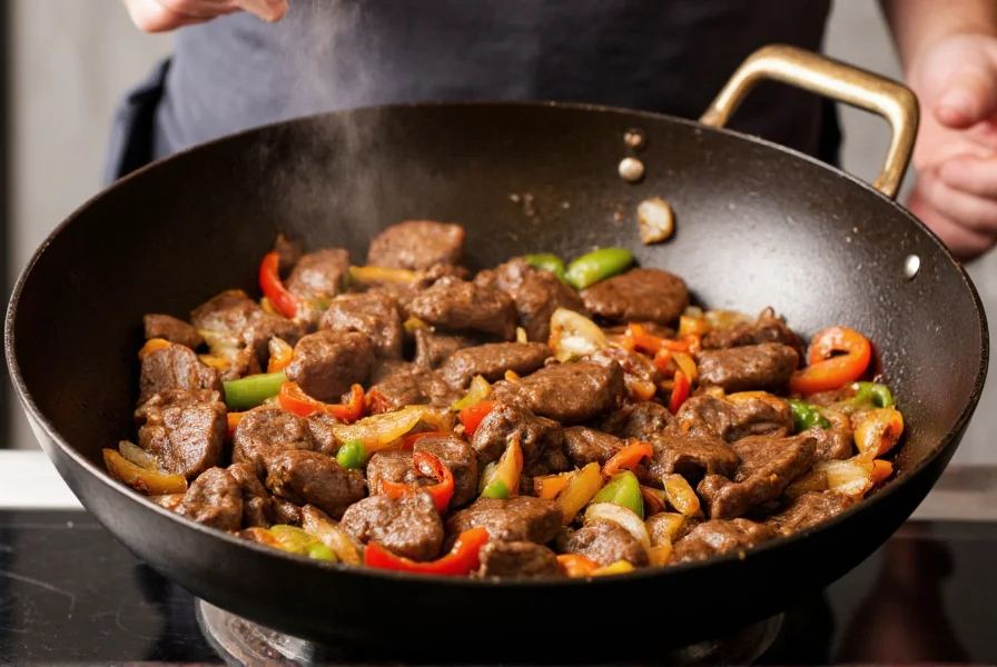 Professional chef stir-frying pepper steak and onion in a wok with high heat, showing proper technique for maintaining steak tenderness
