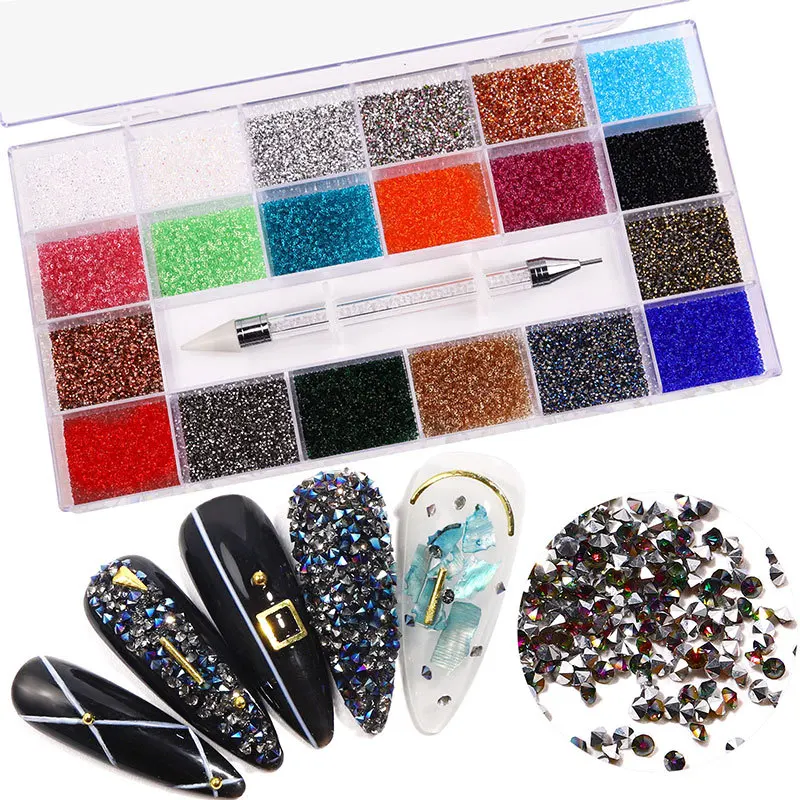 

Mixed AB Glass Crystal Diamond In Grids 21 Shape Flatback Nail Art Rhinestone Set With 1 Pick Up Pen