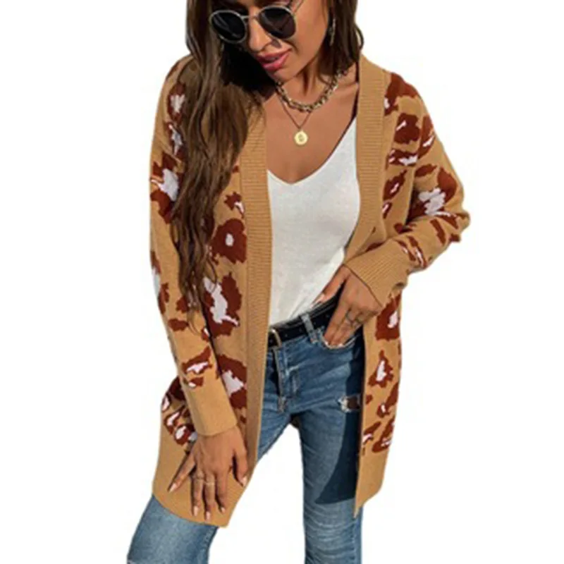 

Hot Selling Winter Casual Long Sleeve Women Leopard Sweater Cardigan, Gray,khaki