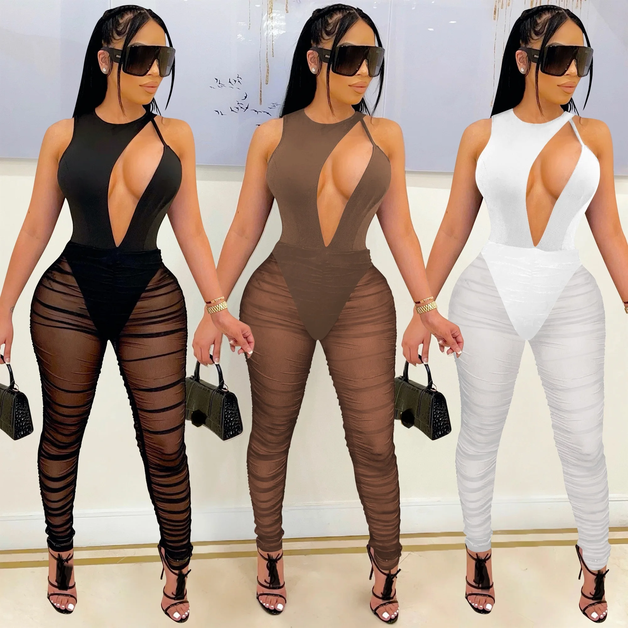 

H7549 - New Fashion Women Casual Bandage Solid Sleeveless Hollow Out Mesh Jumpsuit