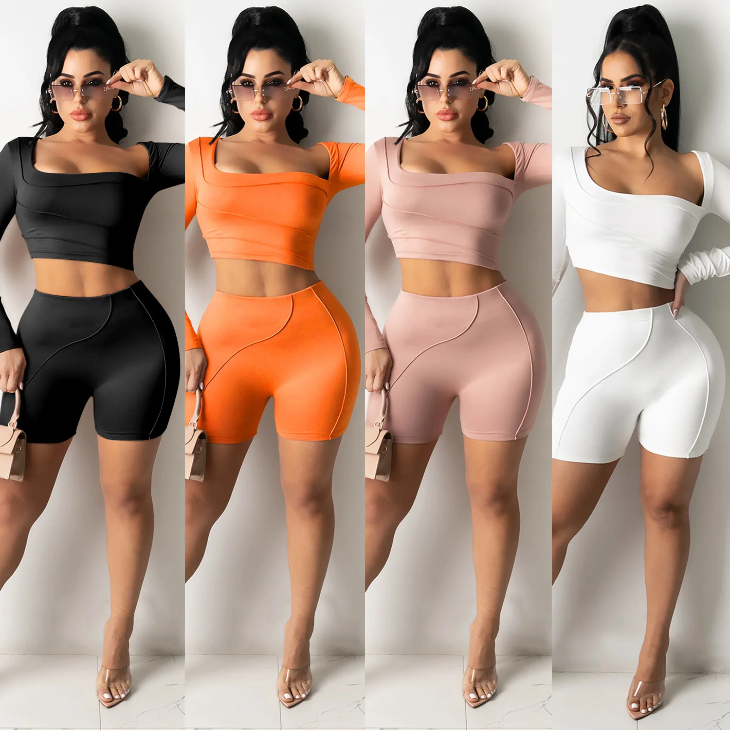 

2021 Fashion Women Casual long sleeve Sportswear Shorts solid Two Piece Set street fitness tracksuit slim biker shorts set