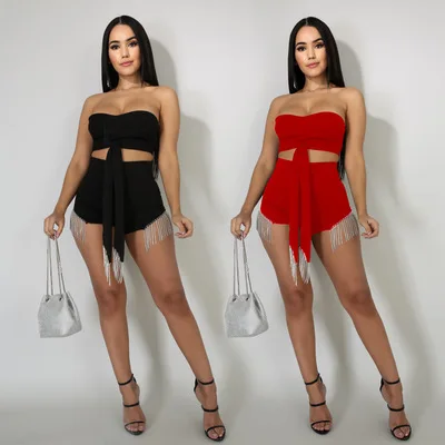 

B51939A Latest design women sexy diamonds tassel fashion two-piece shorts set, Black/red