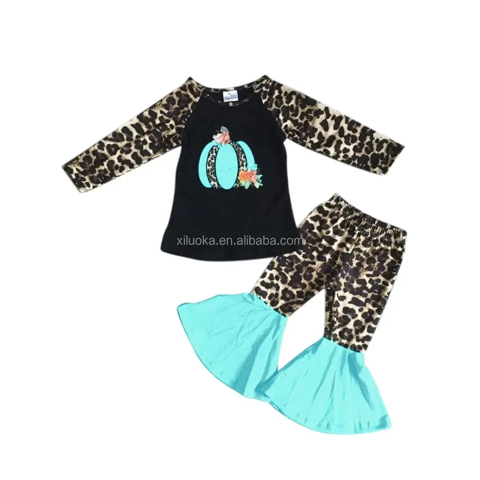 

Long Sleeve Kids Leopard Print Clothing Pumpkin Vinyl Halloween Girl Boutique Outfit