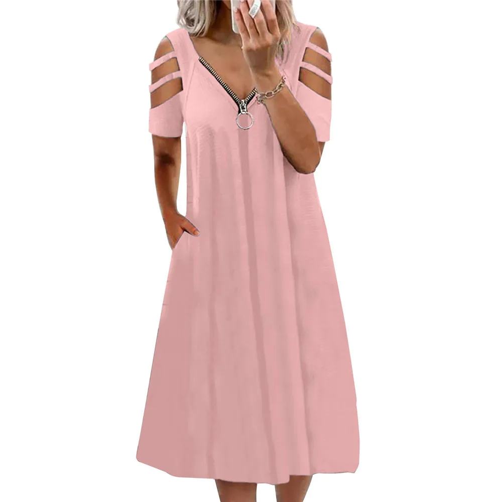 

High Quality Lady Women Summer New Loose Plus Size Sexy V-neck Solid Color Zipper Short Sleeved Maxi Dress, White,pink,black,burgundy,light blue,gray