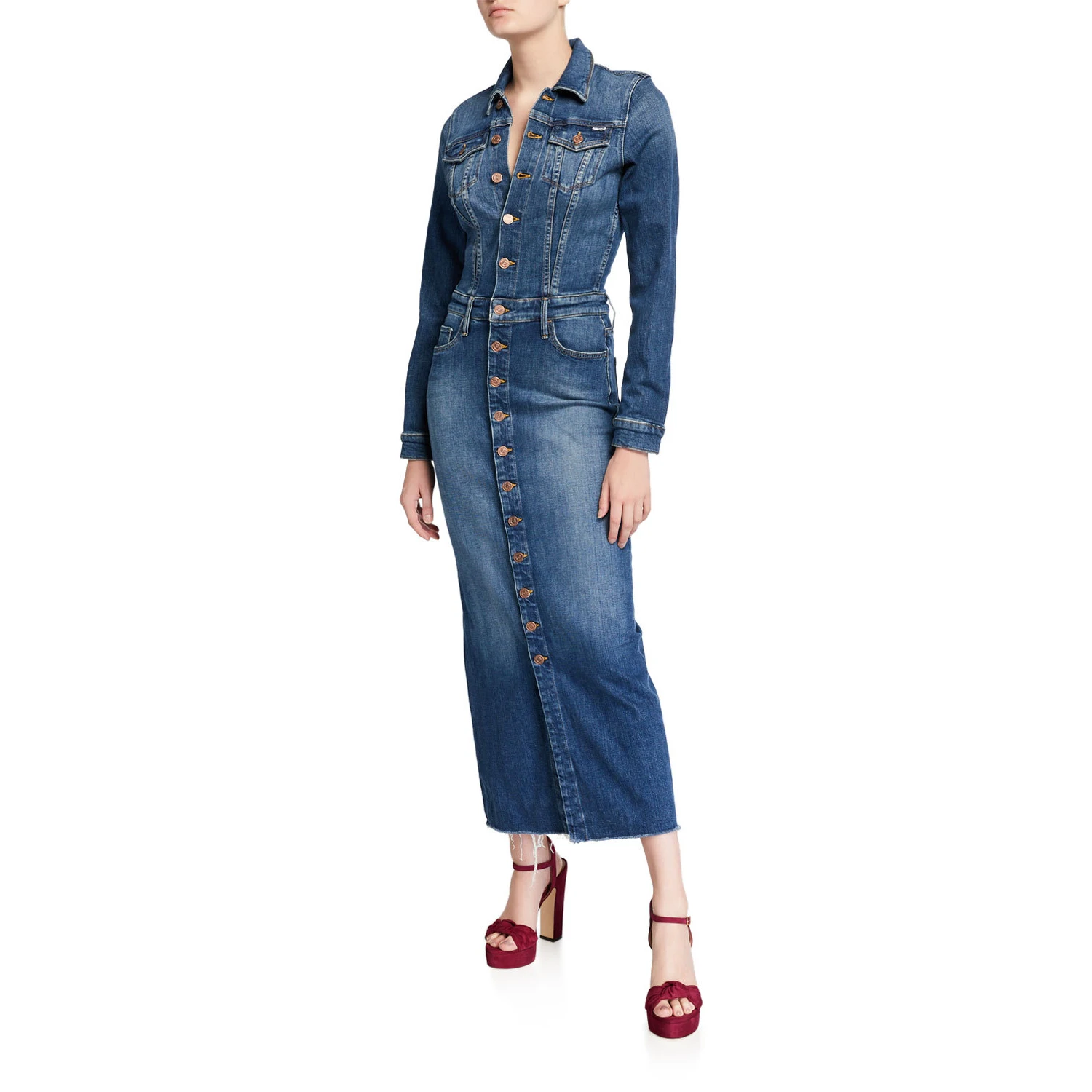 

Fashion Single Breasted Long Sleeve Slim Fit Ankle Length Jean Dress Women Denim Dresses
