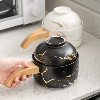 

Luxury ceramic instant noodle cup and bowl with wooden handle creative Japanese and Korean household tableware set with lid, As the picture show