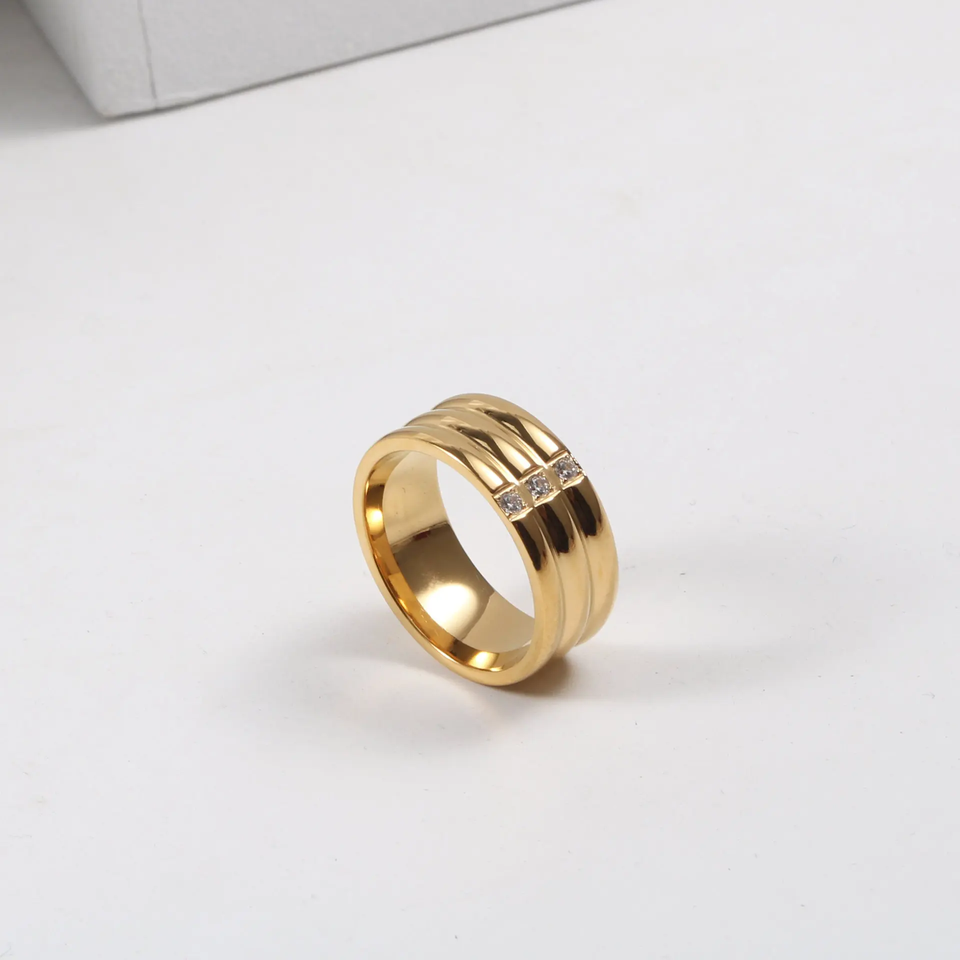 High End 18K PVD Gold Plated 3 Cambered Surface 3 CZ Rings  Stainless Steel Jewelry Women Gift