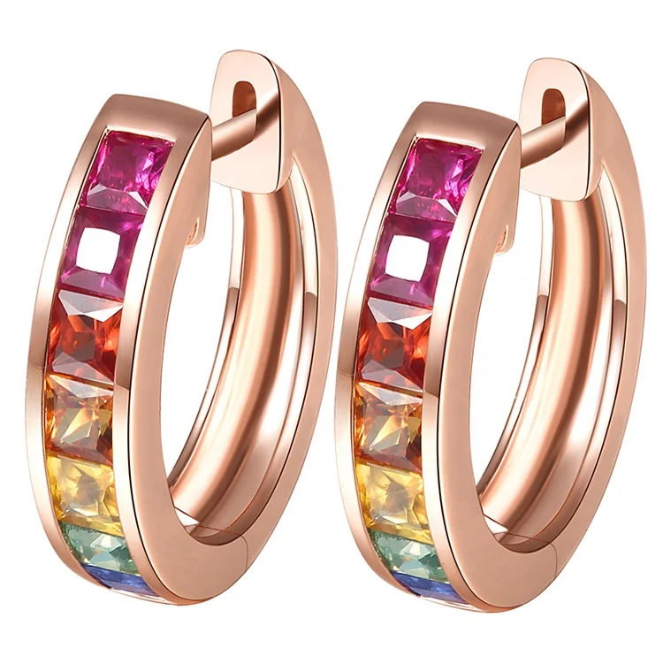 

HY 18K colorful rainbow gradient sapphire earrings female birthday Valentine's day gift Christmas hoop earring