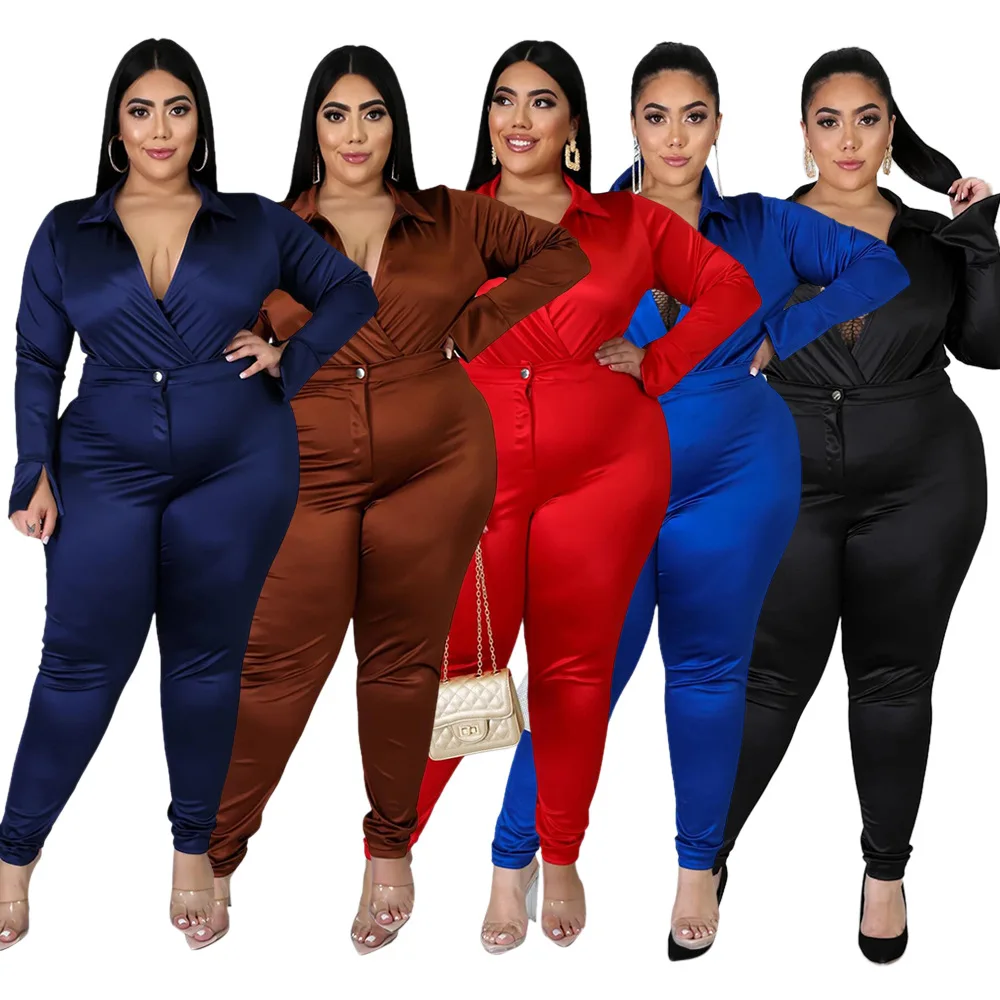 

Women Clothing Plus Size Sexy Long Sleeve V Neck Jumpsuit And Trousers Two Pieces Casual Outfits Suit, 5option