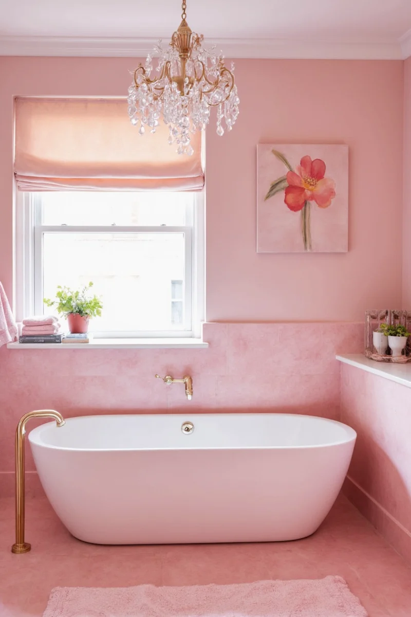 Fully decorated pink bathroom with a modern sink, mirror, and light fixtures