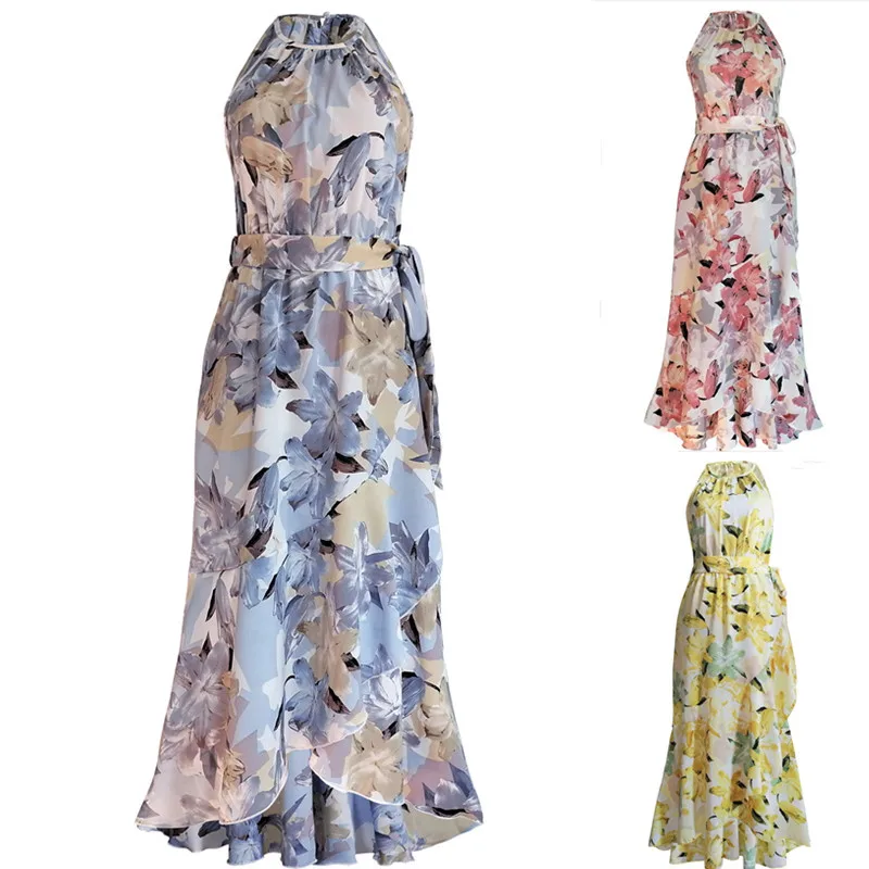 

2022 Halter Neck Sleeveless Floral Long Maxi Dress Backless Loose Ruffle Sundress with Belt Women's Casual Dresses
