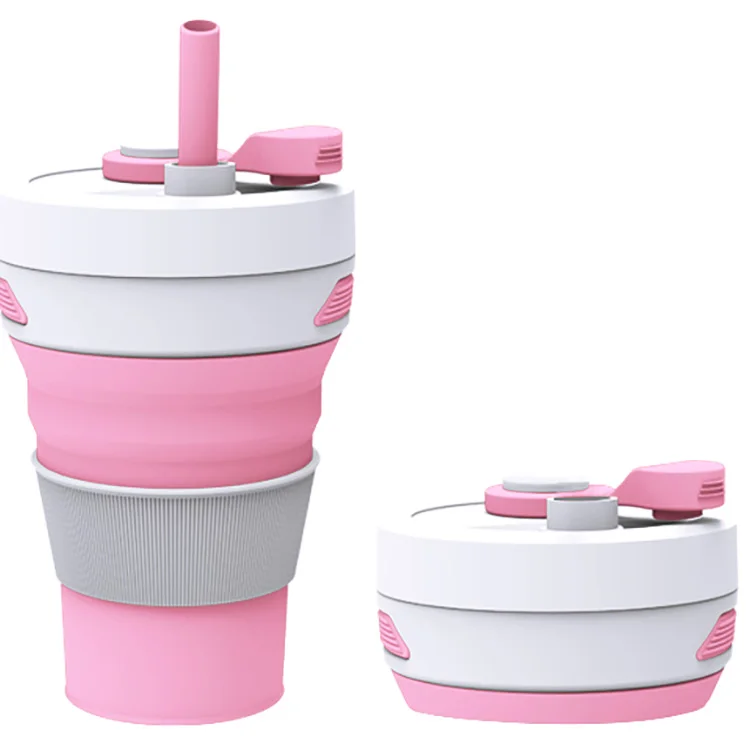 

Outdoor Travel Silicone Collapsible Water Cup 350ml Portable Straw Coffee Cup Heat Resistant 100% Food Silicone Folding Cups, Pink, green, gray, blue