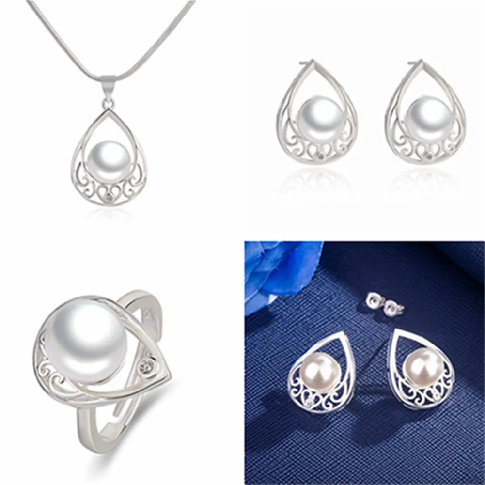 

Ring hot new silver plated jewelry wholesale natural pearl set combination Jewelry Set