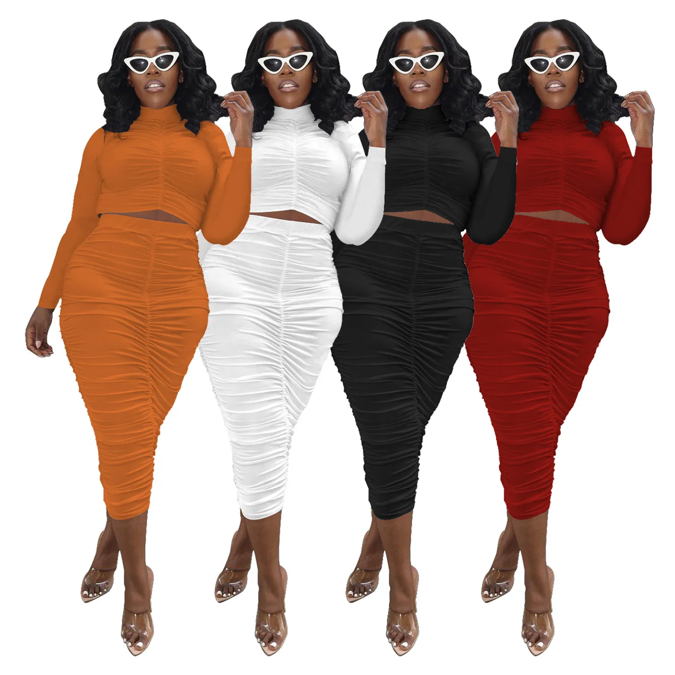 

Fashion Solid Color Womans 2 Piece Set Fall Long Sleeve Women 2 Piece Skirt Pleated 2 Piece Ruched Set