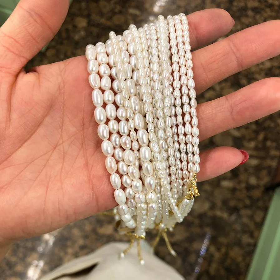 

4-5mm small size rice seed genuine freshwater pearls real natural semi-finished product necklace of tiny thread pearls for women, Gold