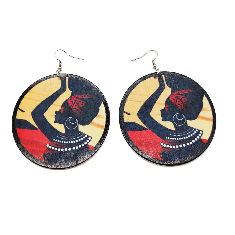 

Woman Statement Jewelry DIY Printing African Wooden Earrings Round Multicolor Personalized Dancing Women Earrings For Girls