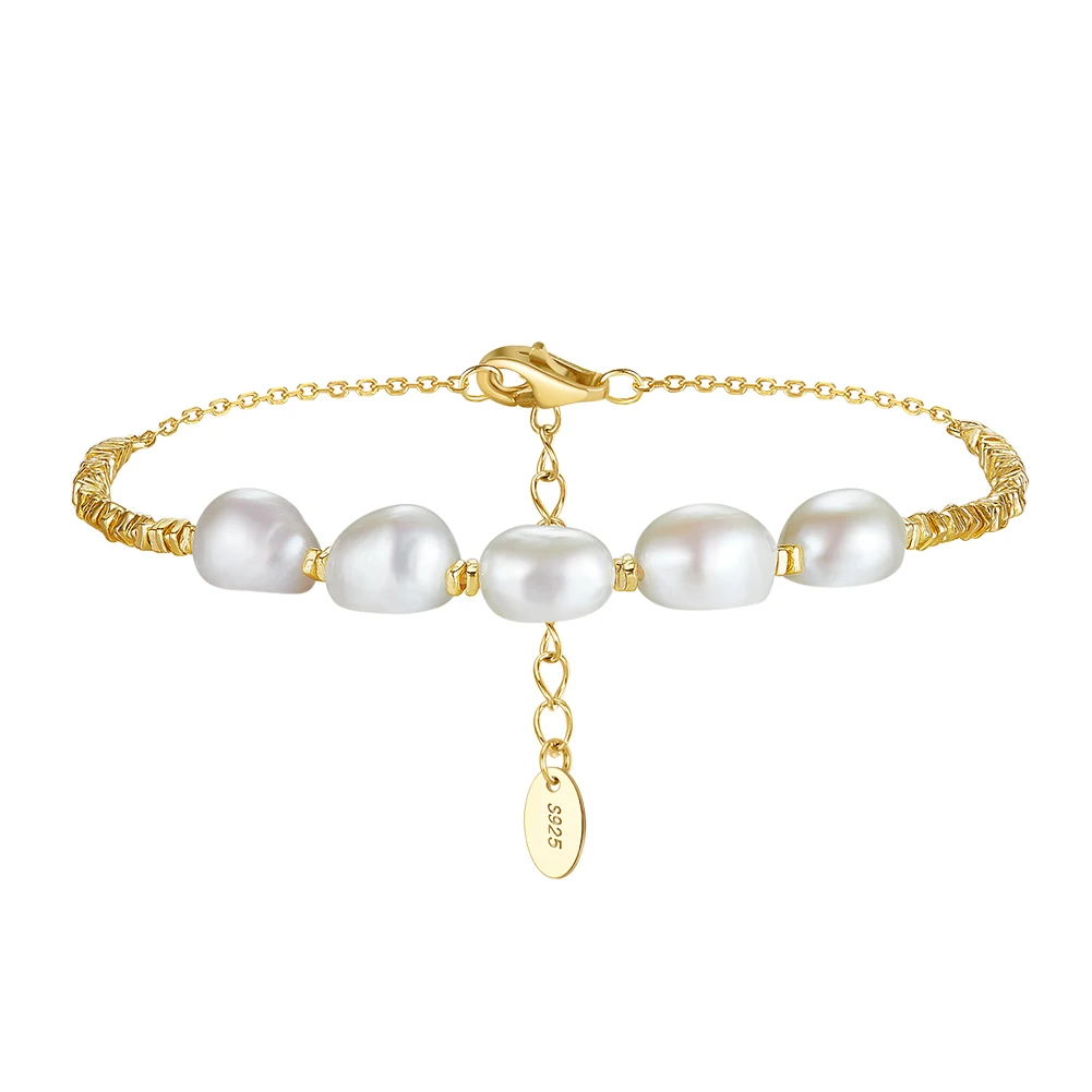 GPB38 RINNTIN Adjustable Gold Bracelet 925 Silver 14K Gold Plated Dainty Cultured Freshwater Pearl Bracelet for Women Teen Girls