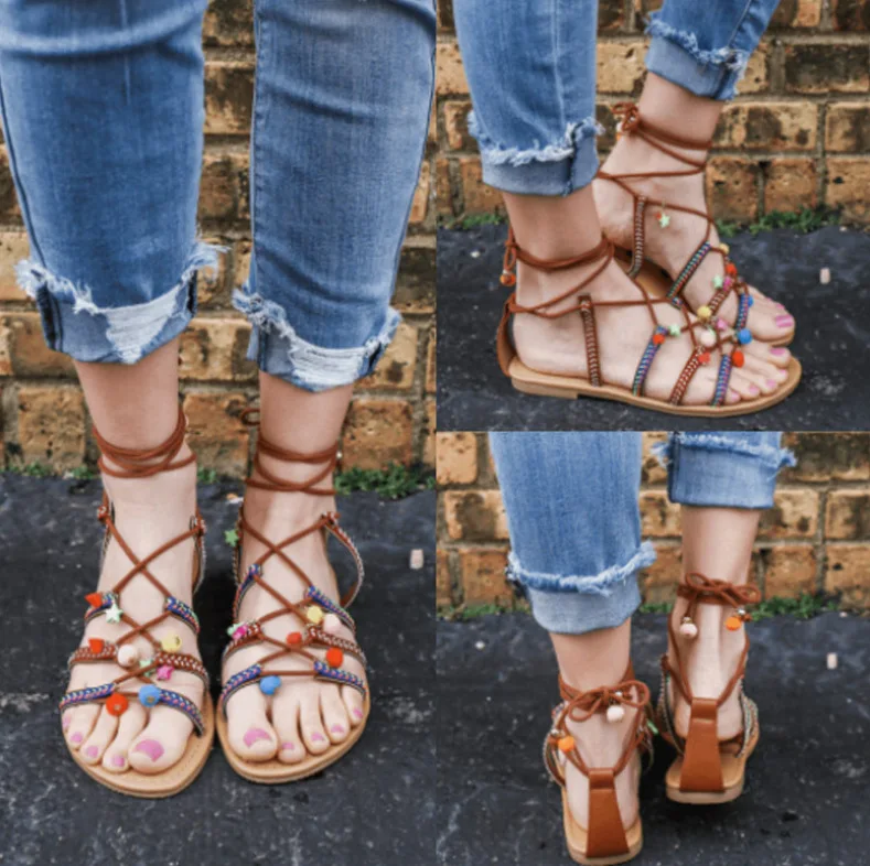 

Women Bohemia Sandals Gladiator Leather Sandals Flats Shoes Lace Up Pom-Pom Sandals Fashion Casual Women Sandalias Zapatos Mujer, As shown