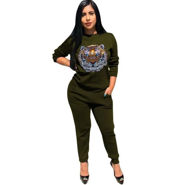 

2021 New Arrivals Factory Price Wholesale Pure color leisure sports color hot drill tiger head suit for tracksuits for women, Picture color