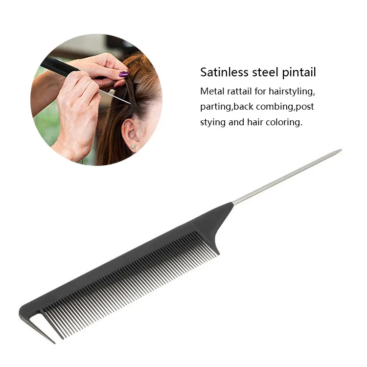 
Private Label Professional Salon Dressing Tool Custom Black Heat Resistant Teasing Comb Pin Tail Stainless Steel Carbon Comb 