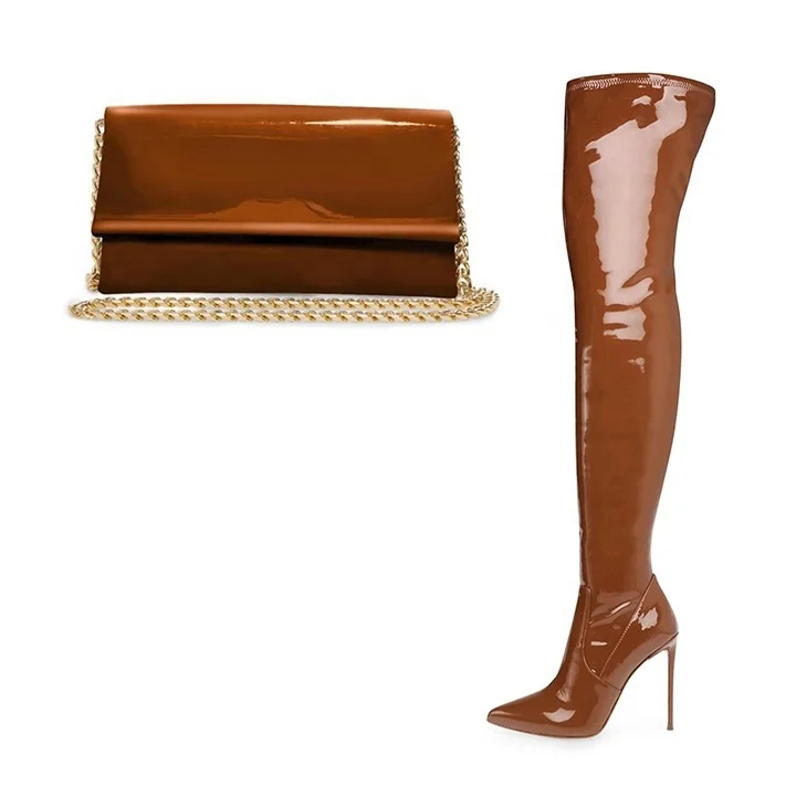 

Hot sale autumn and winter women's high heels Italian shoes and bags set women sexy pu leather over the knee boots, Brown