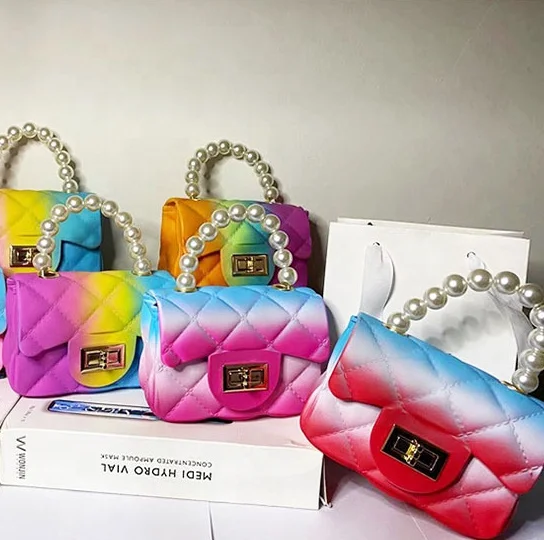 

Kids handbags 2021 cute girls pvc mini handbag fashionable pearl crossbody jelly handle bag tote bags