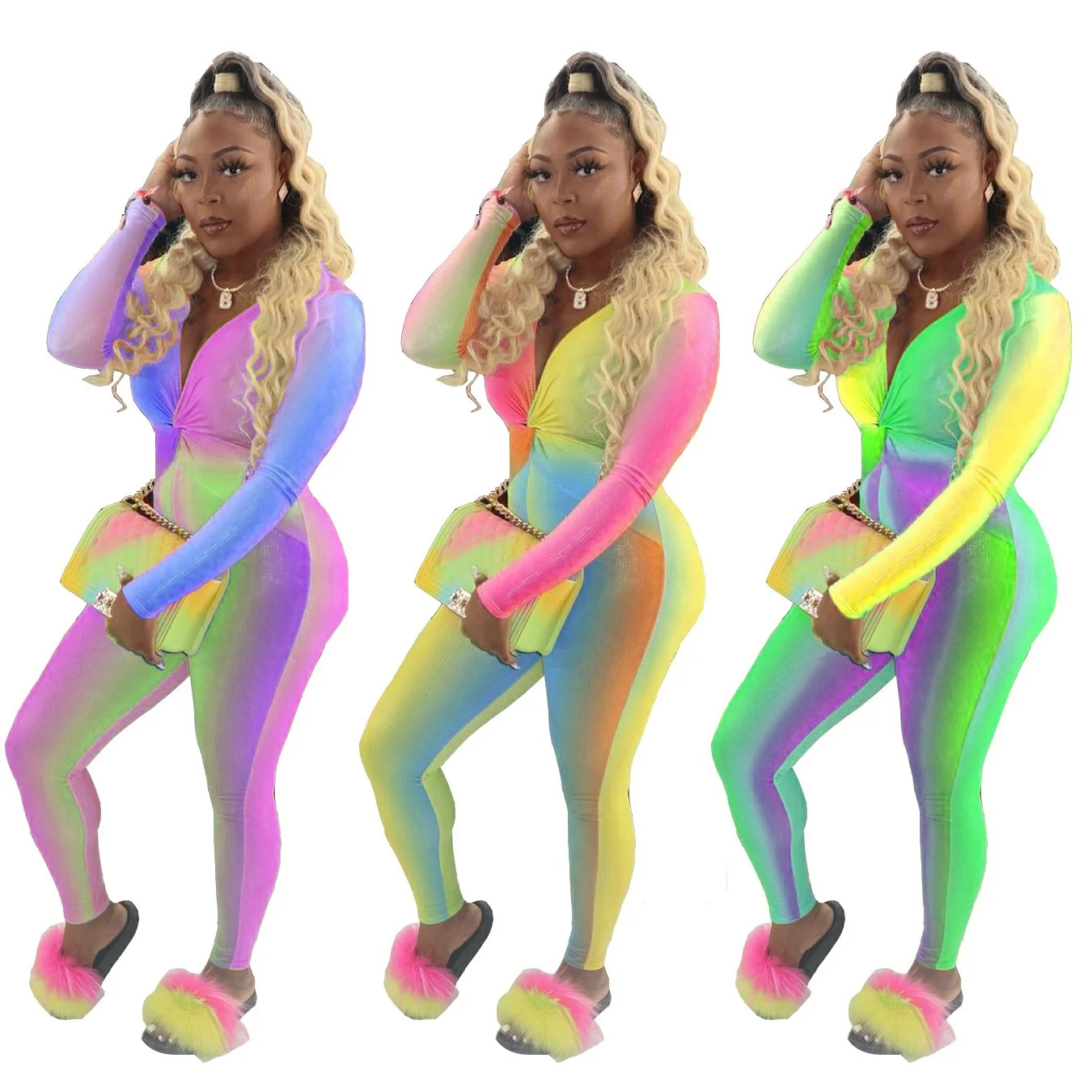 

2022 rainbow printing cross-knotted slim-fitting cool sense deep V Neck women jumpsuit, Picture