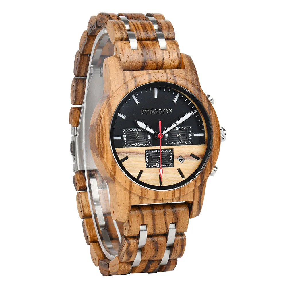 Business Sport Fashion Quartz Wristwatch Custom Logo for Wood Glass Stainless Steel Case Chronograph Adjustable Band Men's E18