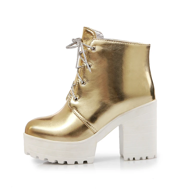

Europe Stylish Round Toe High Heel bright Leather Platform Waterproof Ankle Boots, Gold/silver