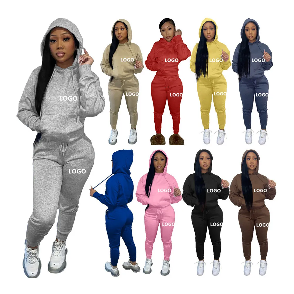 

Wholesale Custom Logo Autumn Winter 2 Piece Clothing Hoodie Fleece Warm Women Sweatsuit Set Tracksuit