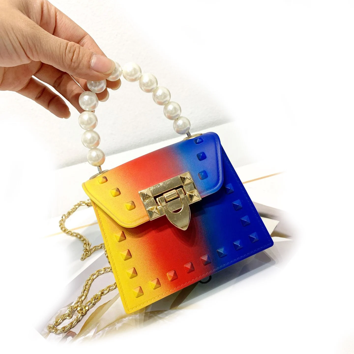 

2021 Jelly Handbags Fashion Designer Rainbow Bags Women Ladies Chain Rivets Pearl Colorful Candy Lipstick Shoulder Bags