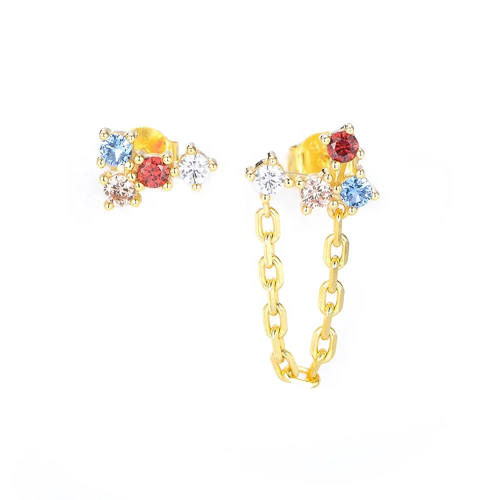 

925 Silver Fashion Summer Jewelry Irregular Multicolor Cz Gold Chain Earrings for Women